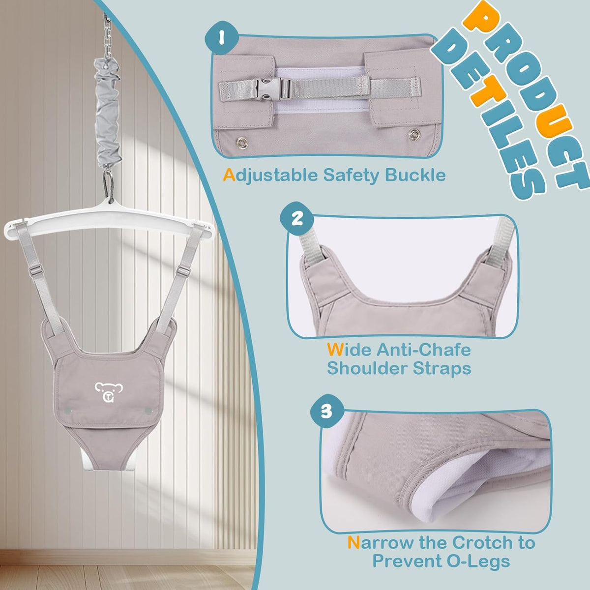 Grey baby jumper harness with safety buckle and anti-chafe wide shoulder straps