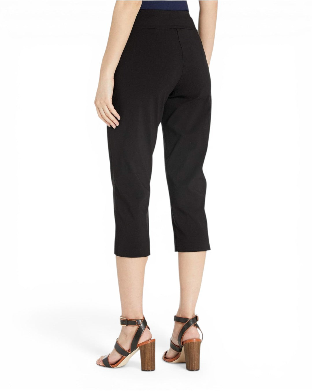 Black pull-on capri pants with straight, tapered leg