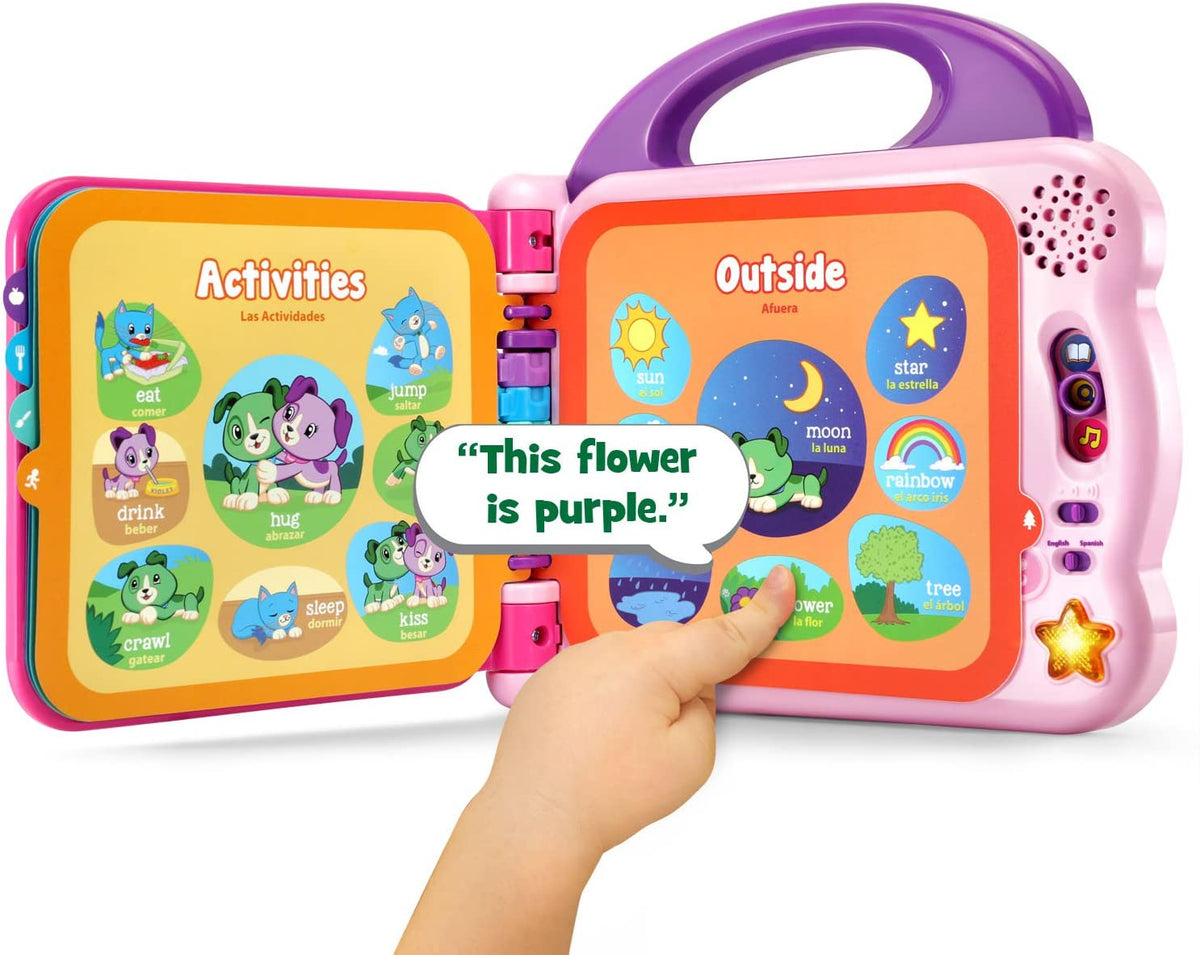 Kids bilingual learning words book toy opened, showing activities and outside pages with finger