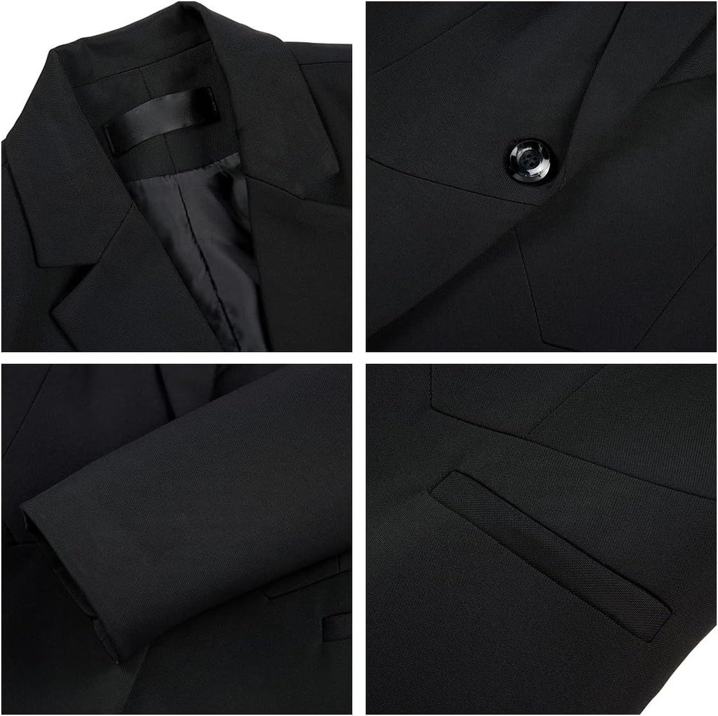 Women's black blazer detail view: one-button front, lapels, sleeve and pocket