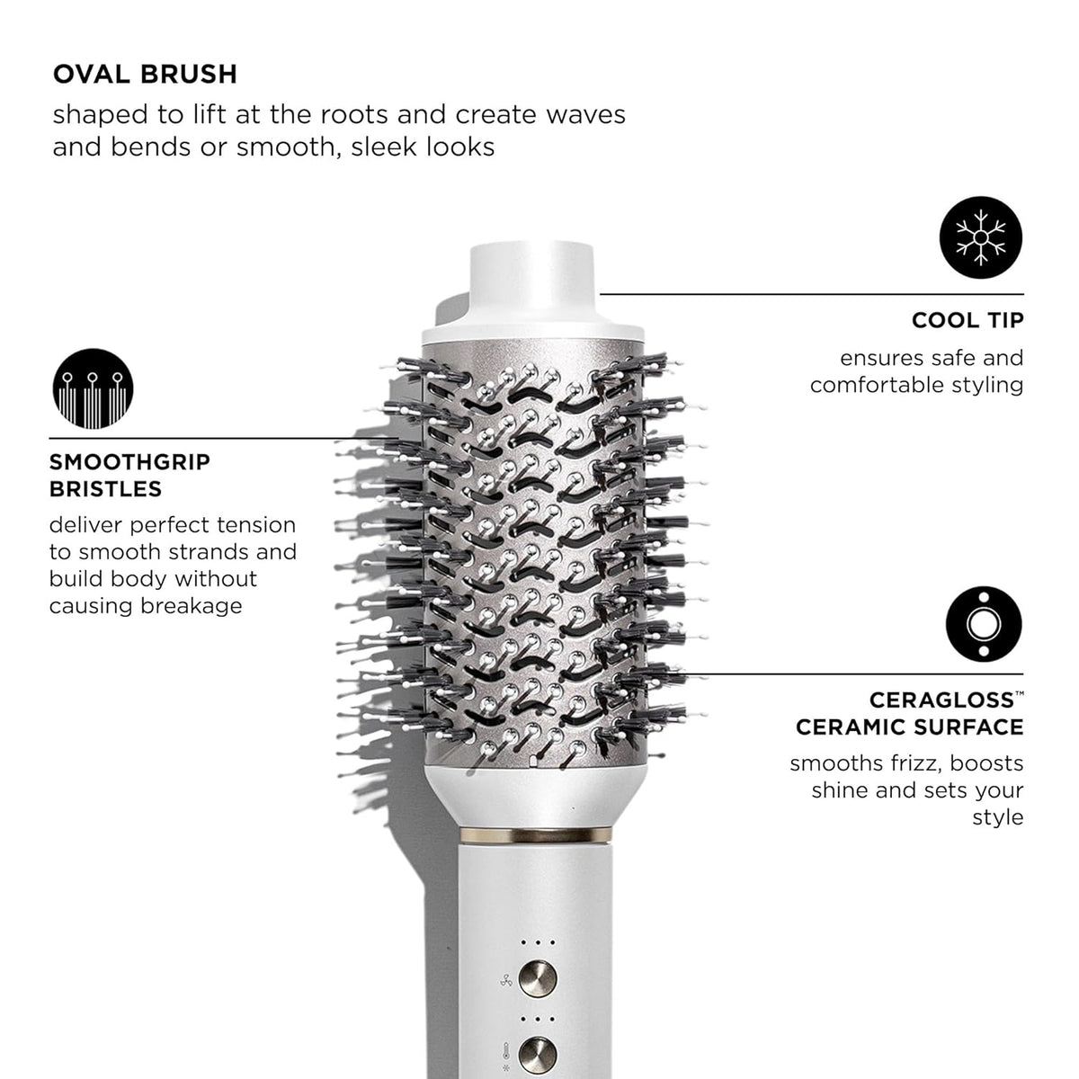 Oval brush attachment with ceramic surface bristles on a white base