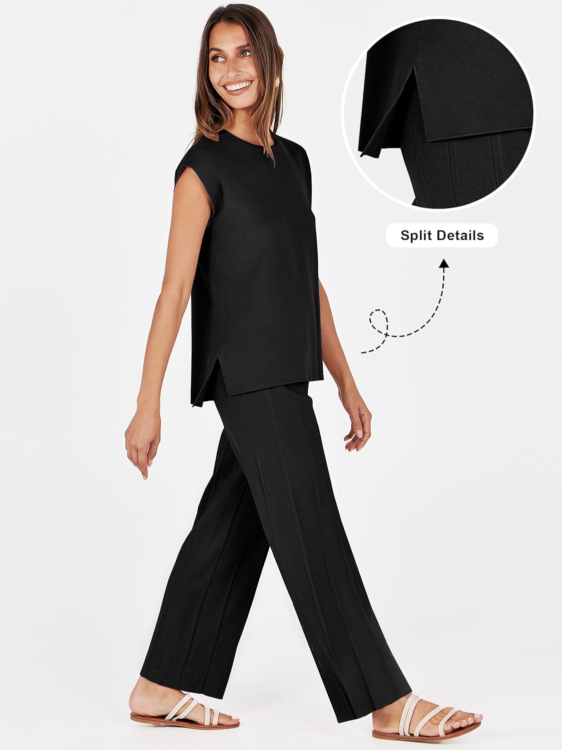 Black sleeveless top and wide-leg pants with side split hem detail, model wearing