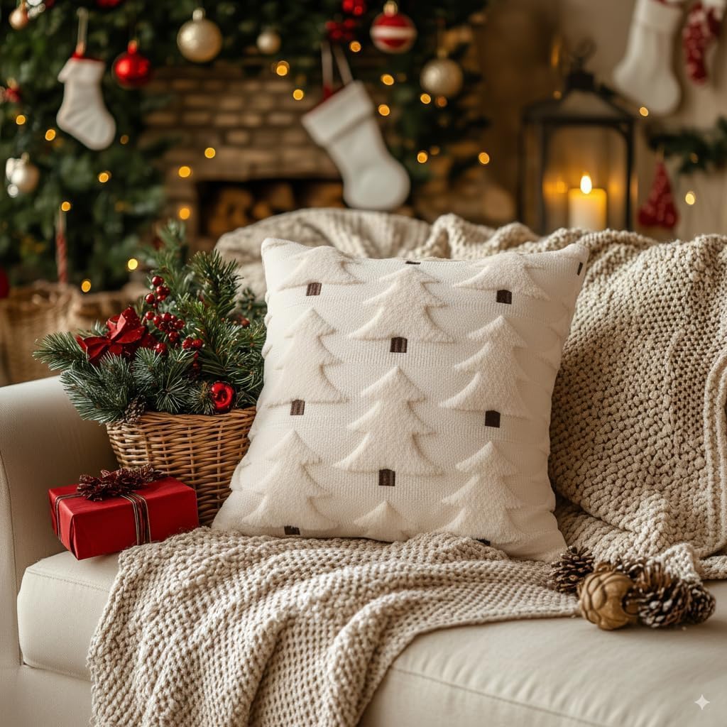 White Christmas pillow cover with house-and-tree motif, styled on a sofa with blanket