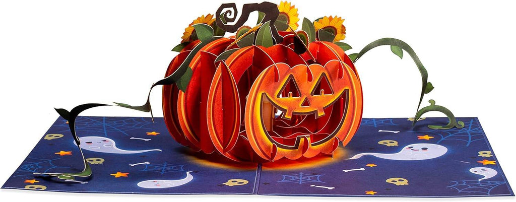Halloween pop-up pumpkin greeting card with layered orange jack-o'-lantern and sunflower details