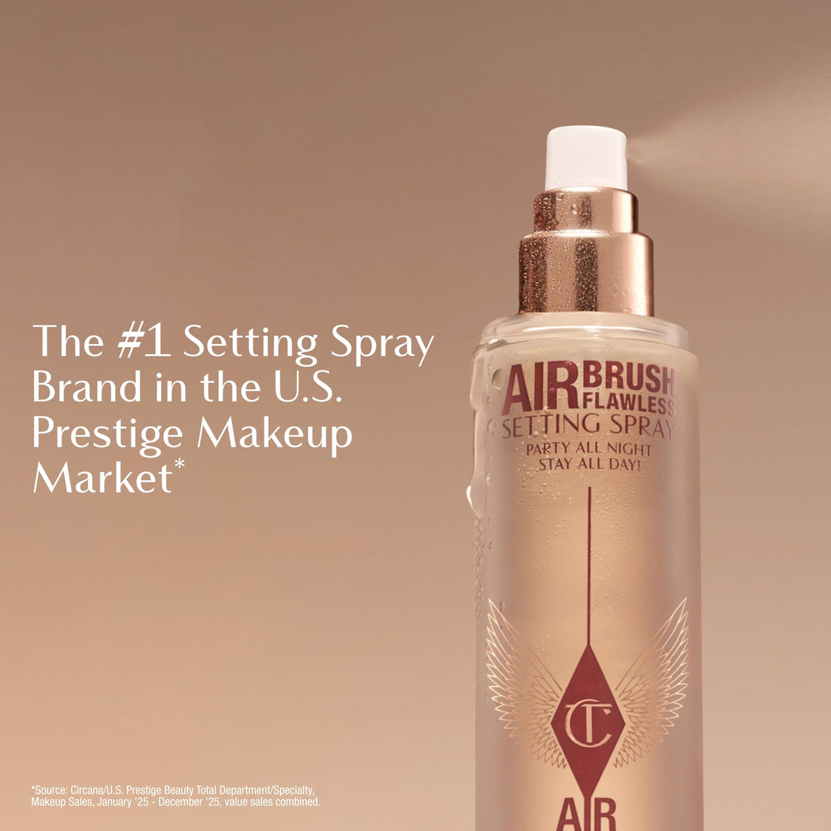 Airbrush setting spray bottle with rose-gold label and white cap
