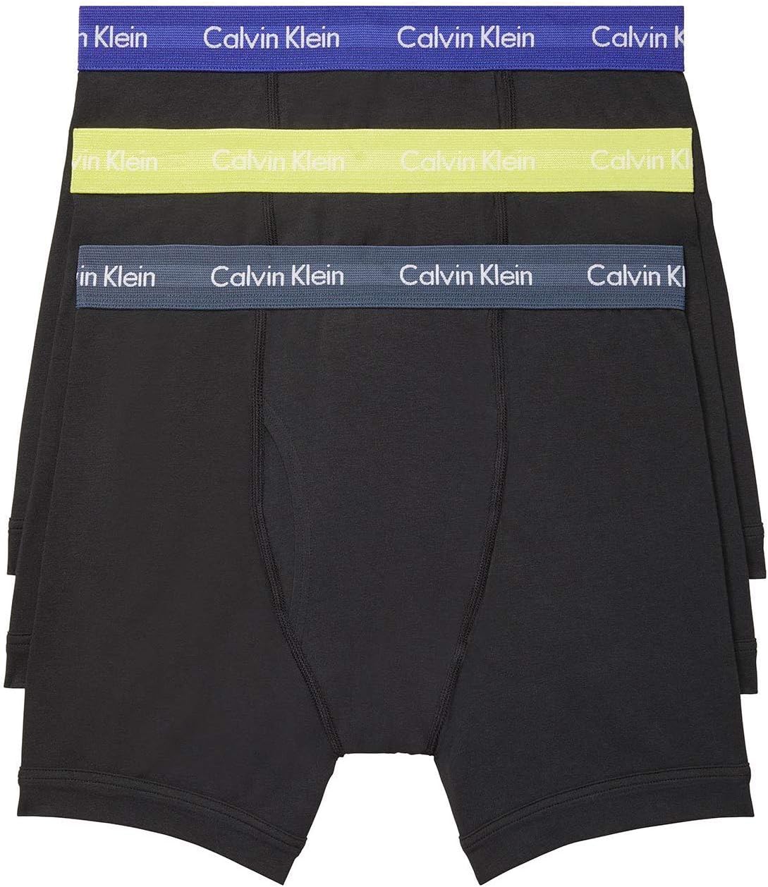 Men's dark boxer briefs 3-pack with blue, lime, and gray Calvin Klein logo waistbands