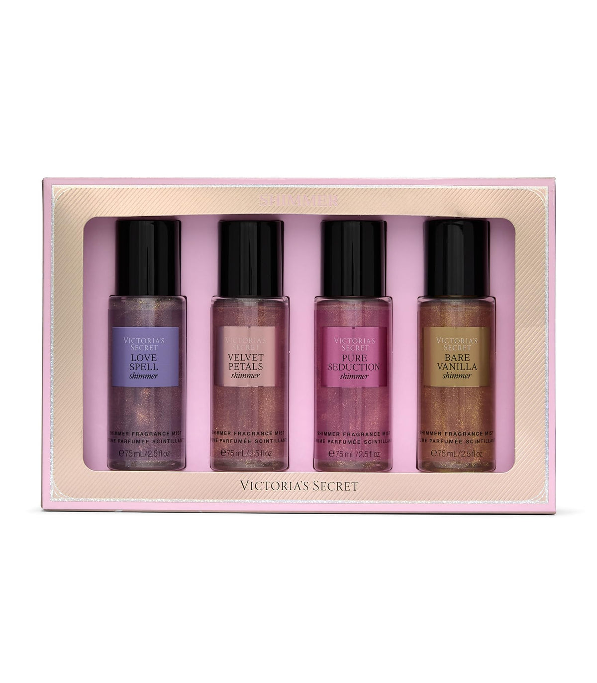 Four mini fragrance mist bottles arranged in a purple-and-gold gift tray.