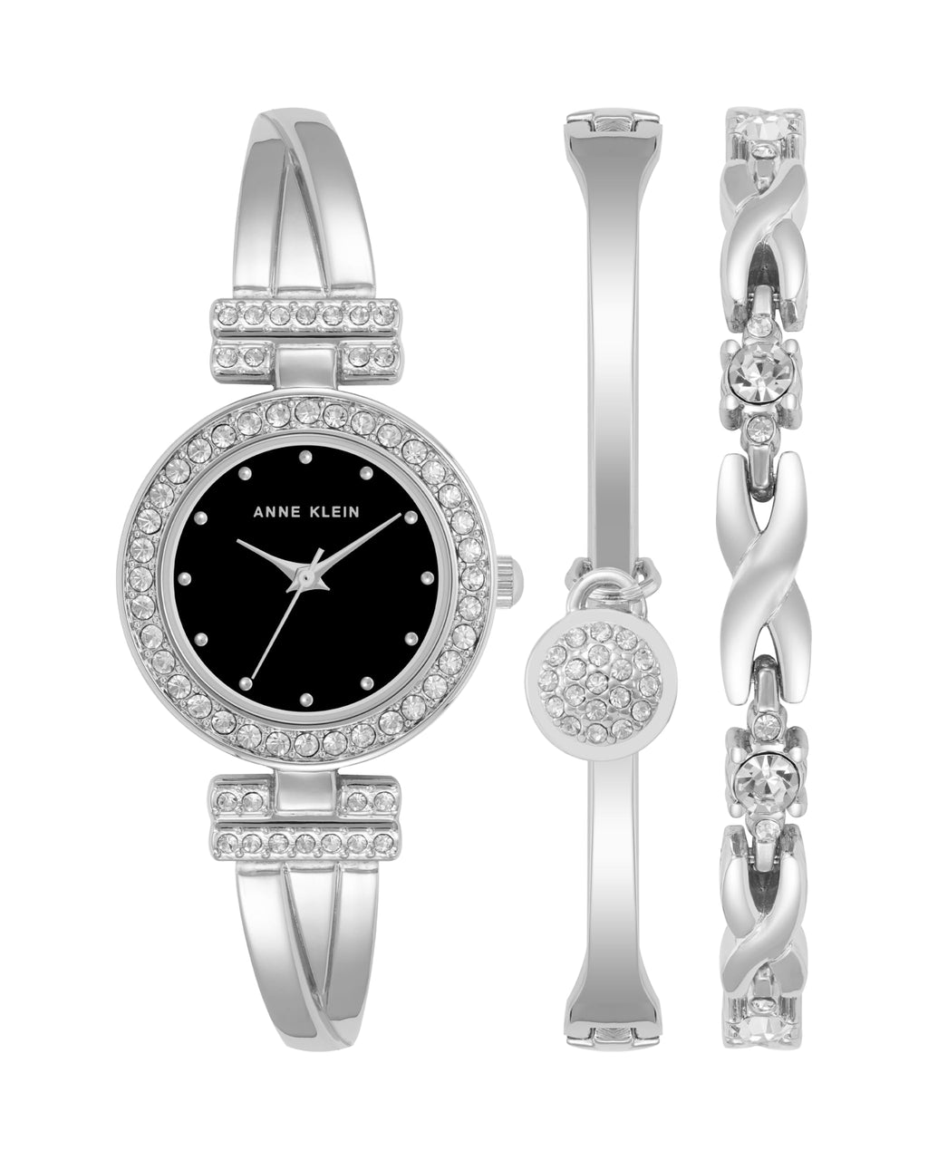 Crystal-accent bangle watch and bracelet set with silver tone and black dial.