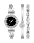 Crystal-accent bangle watch and bracelet set with silver tone and black dial.