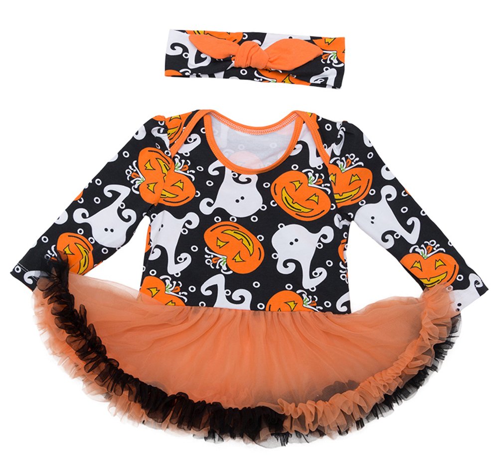 Infant Halloween printed cotton romper with long sleeves, orange tulle tutu skirt, headband