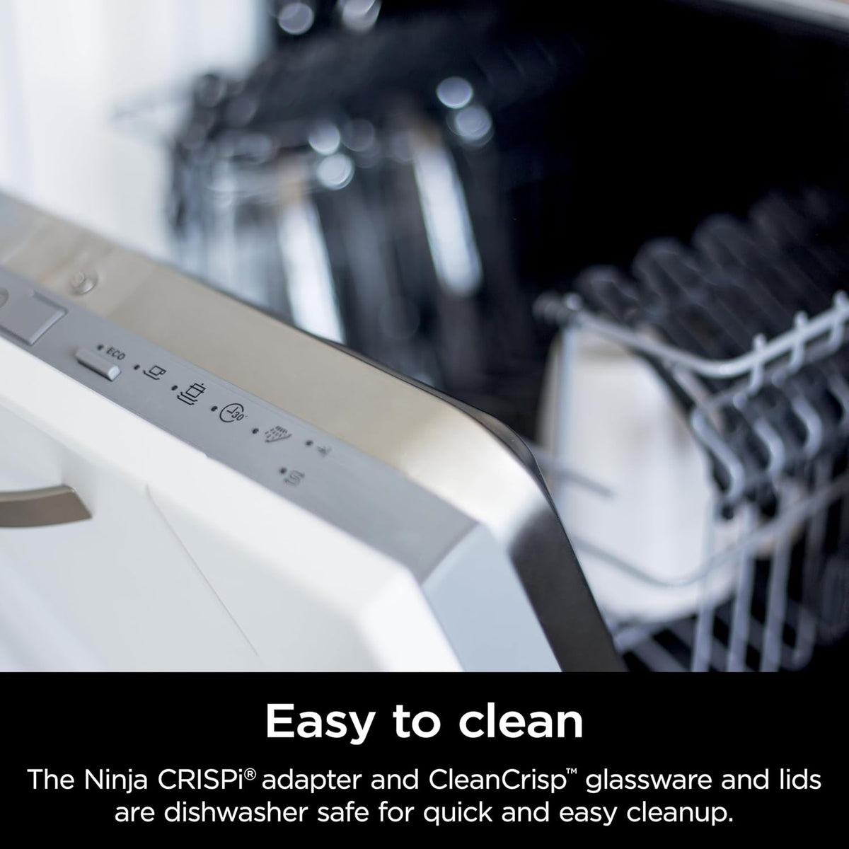 Close-up of dishwasher-safe air fryer control panel and stainless front edge