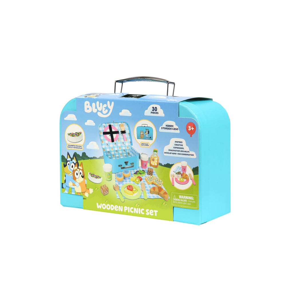 Bluey wooden picnic set gift box, side view showing 30 pieces and play food