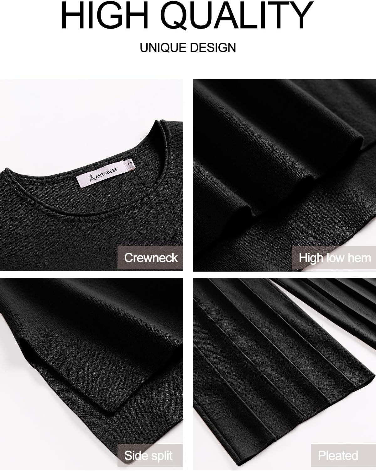 Black lounge set fabric close-ups: crewneck, high-low hem, side split, pleated seams