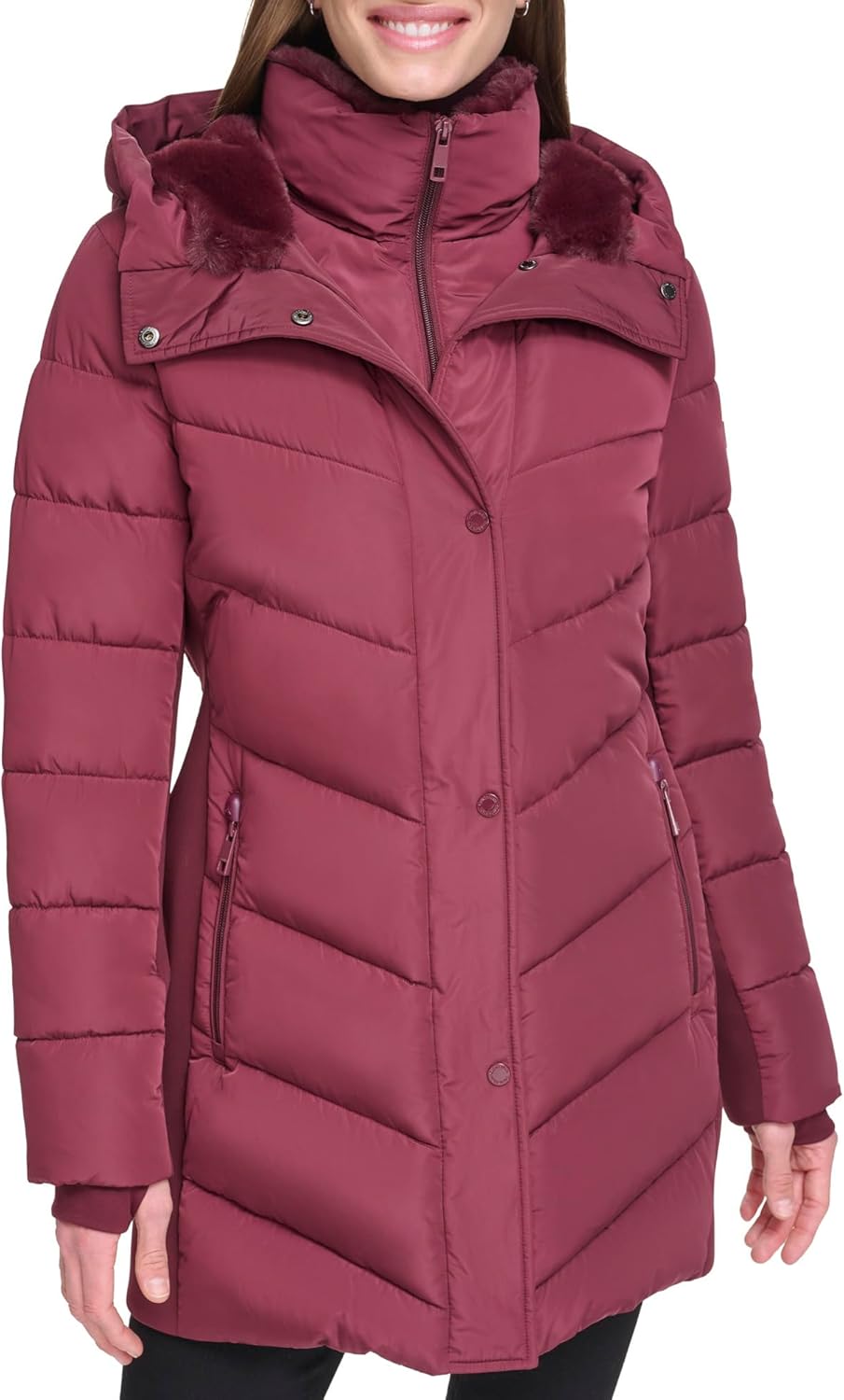 Women’s maroon long puffer jacket with hood, stand collar, and snap-button pockets