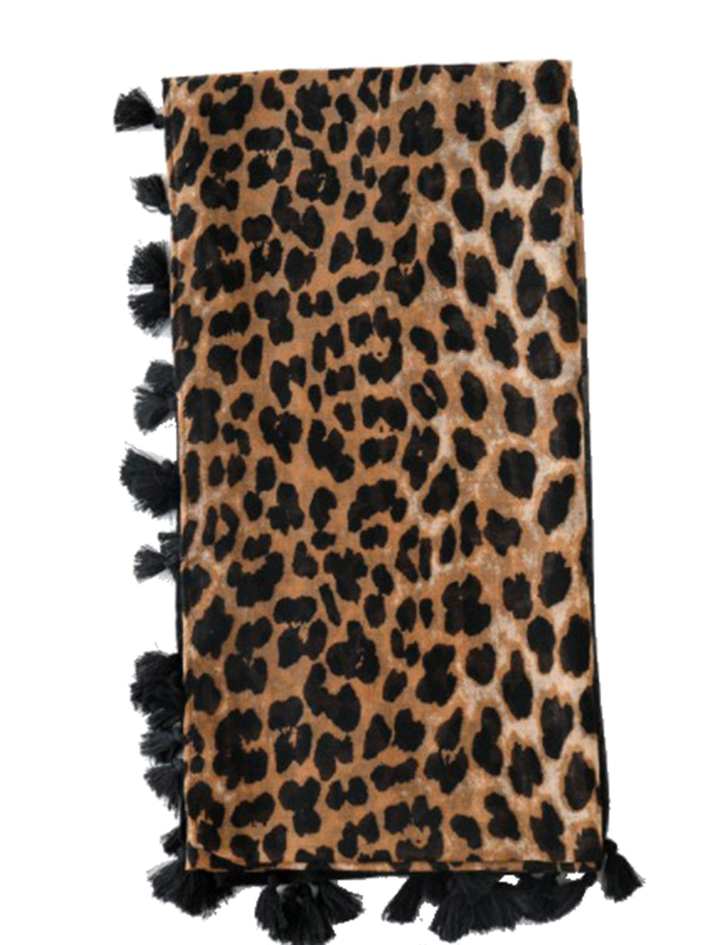Leopard print rectangular scarf with black tassel fringe corners and center pattern