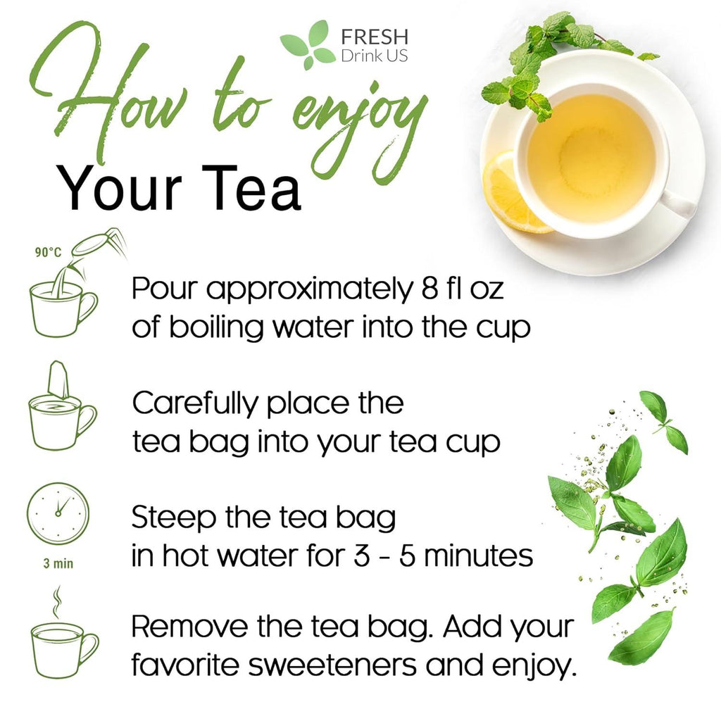 Infographic on how to enjoy ginger tea with teacup and tea bag
