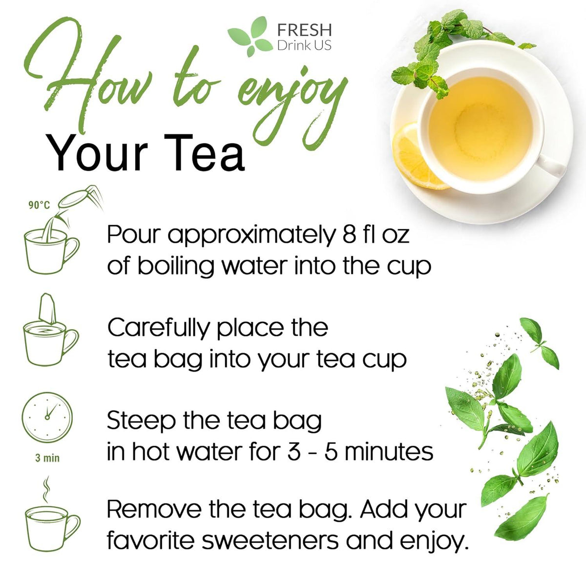 Infographic on how to enjoy ginger tea with teacup and tea bag