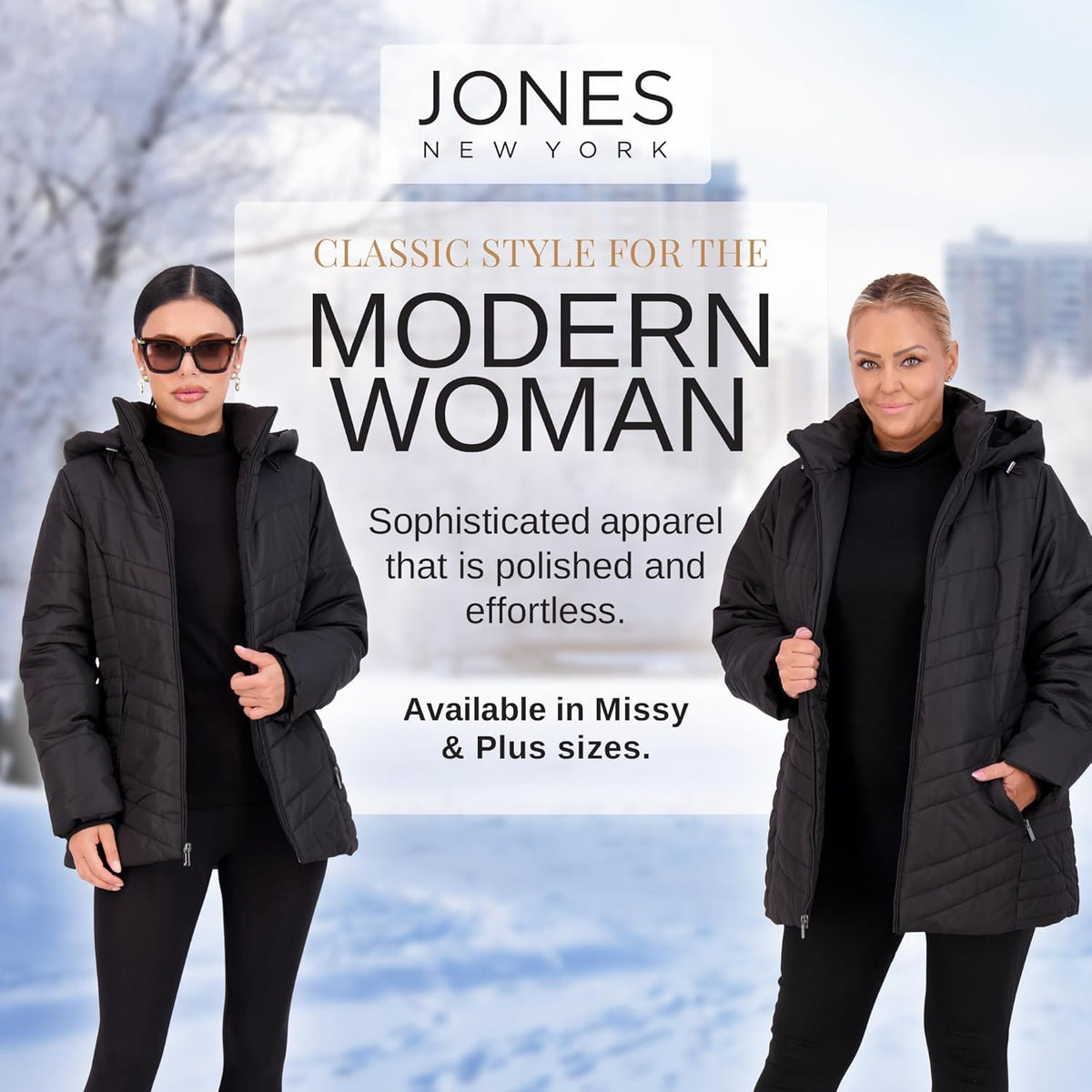 Women’s black puffer winter coat with full-zip front and removable hood