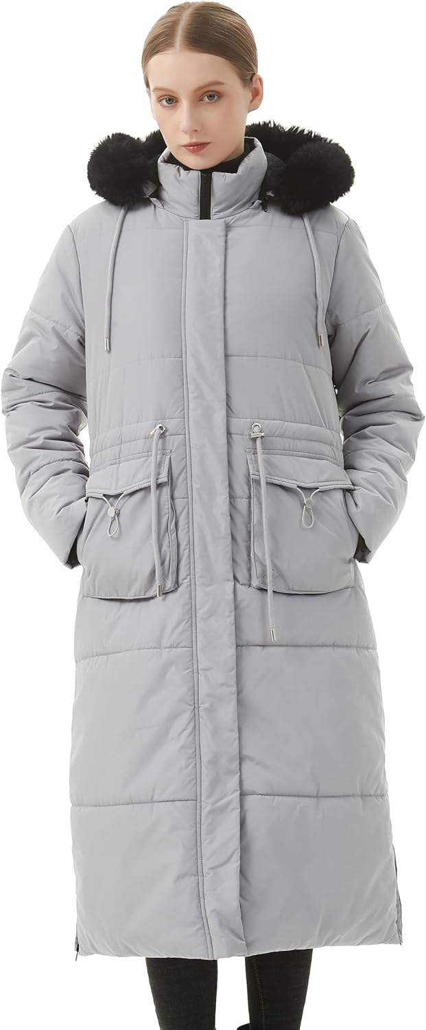 Light gray long puffer coat with faux-fur hood and front drawstring pockets