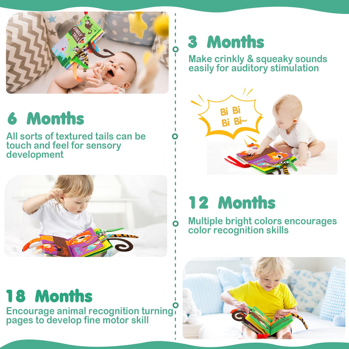 Baby touch-and-feel animal tail soft book shown for sensory play from 6 to 18 months