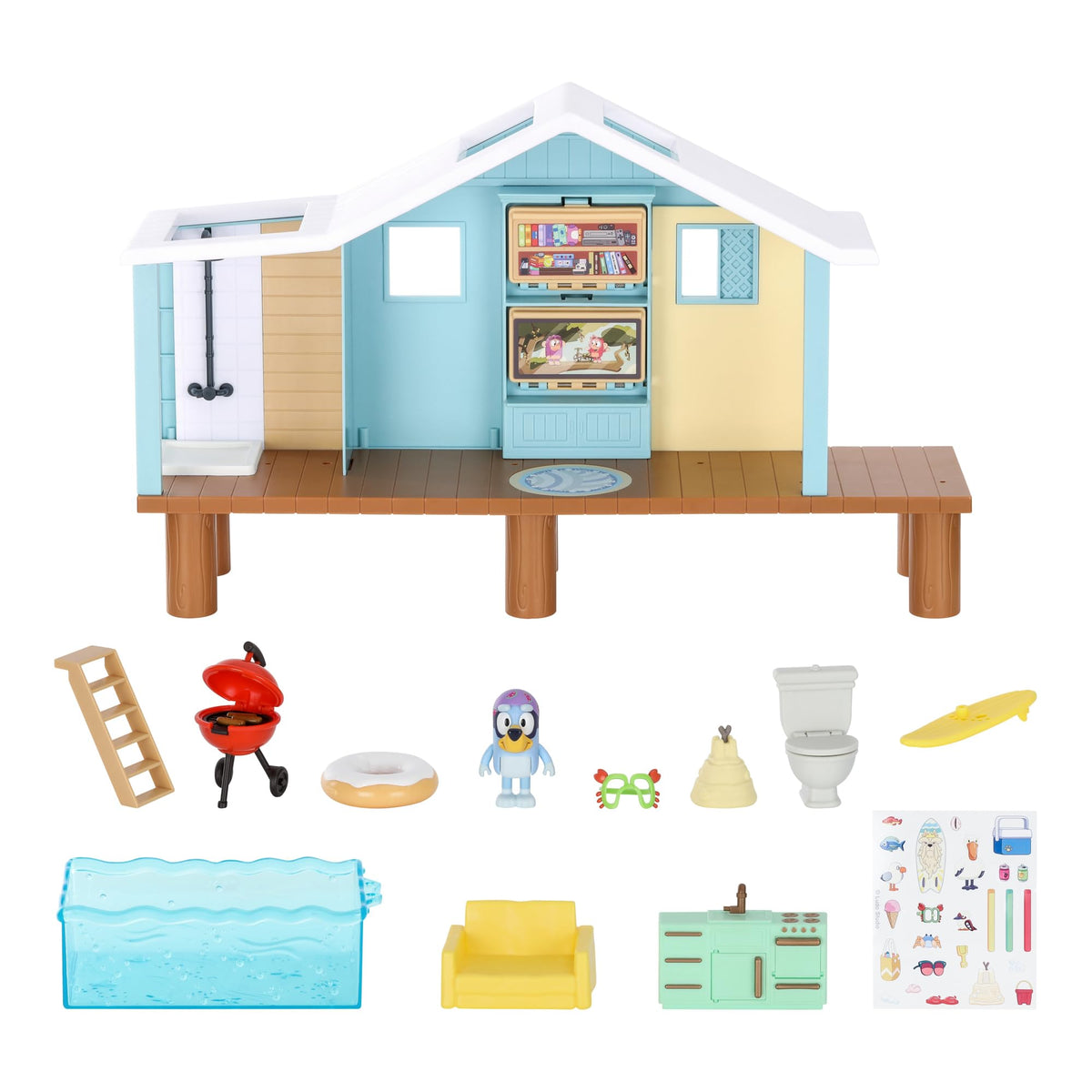 Beach cabin playset with toy house and assorted accessories, including figures and pool pieces