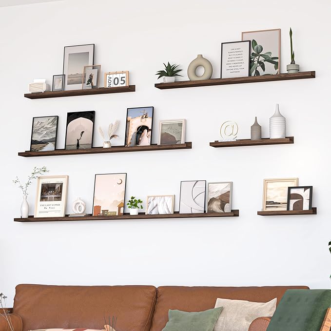 Walnut floating ledge shelves set of 2, long wall-mounted display for frames and decor.