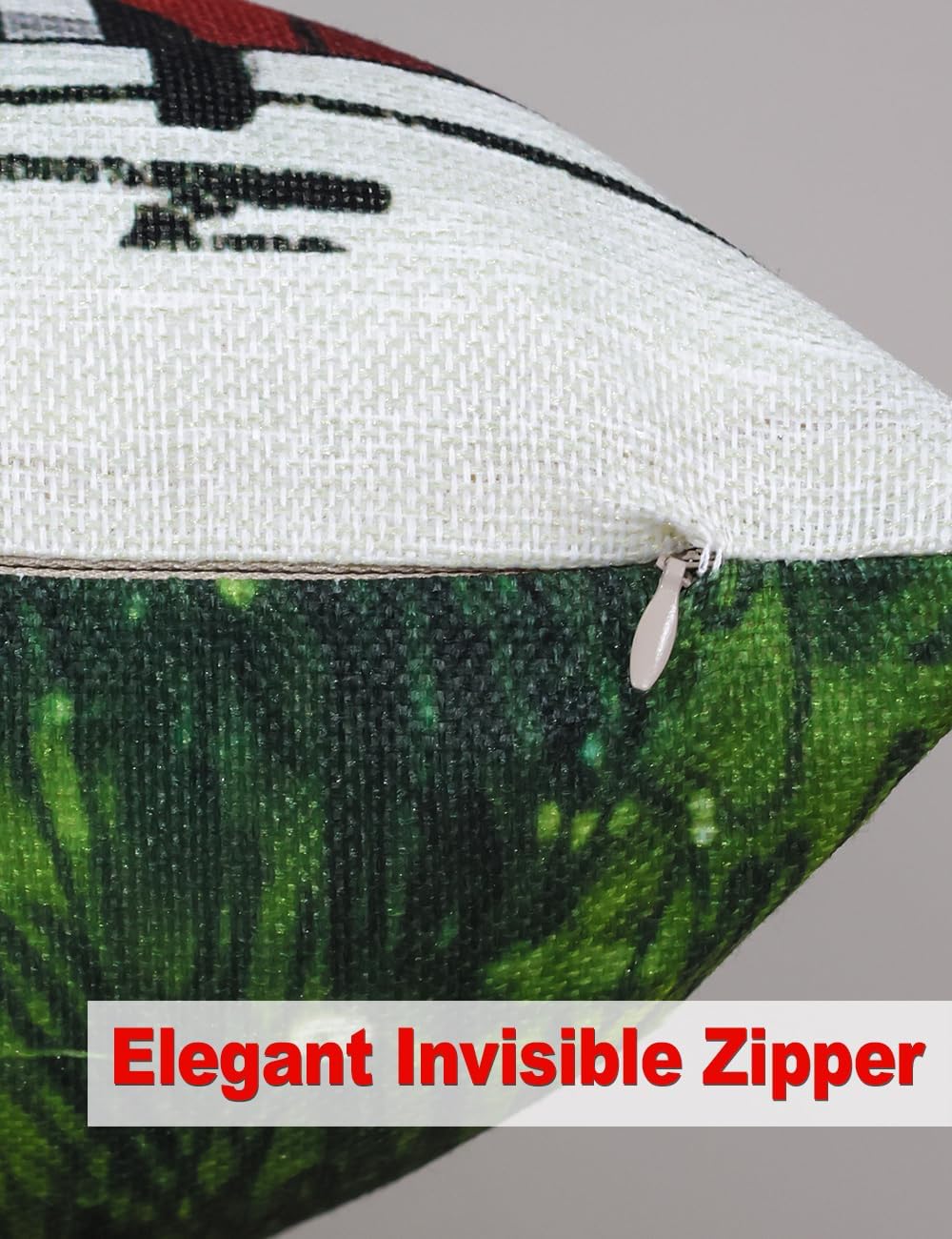 Christmas pillow cover close-up with invisible zipper on green pine print fabric