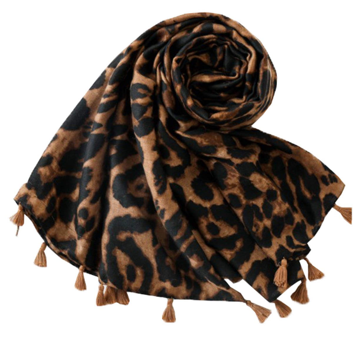 Leopard print scarf wrap in tan and black with short tassel fringe edges