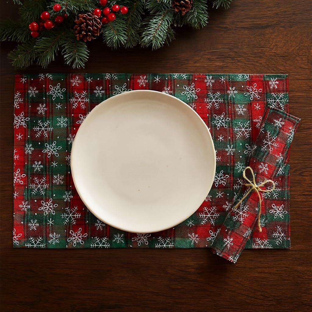 Square tartan plaid placemat with white snowflakes and star motifs, red and green