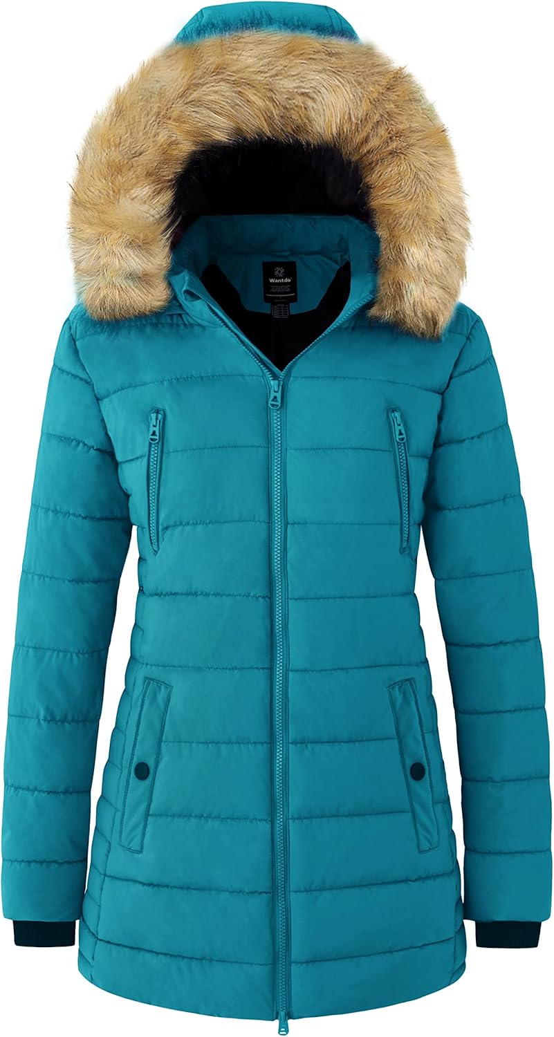Teal puffer parka with zip front, fur-trimmed hood and flap side pockets.