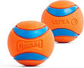 Orange and blue ChuckIt ultra dog balls, small size, with blue stripe detail, 2 pack