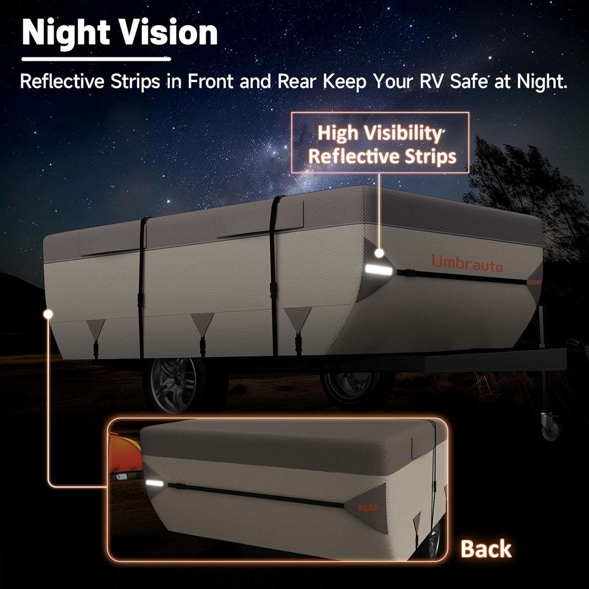 Khaki RV camper cover with reflective strips on front and rear sections