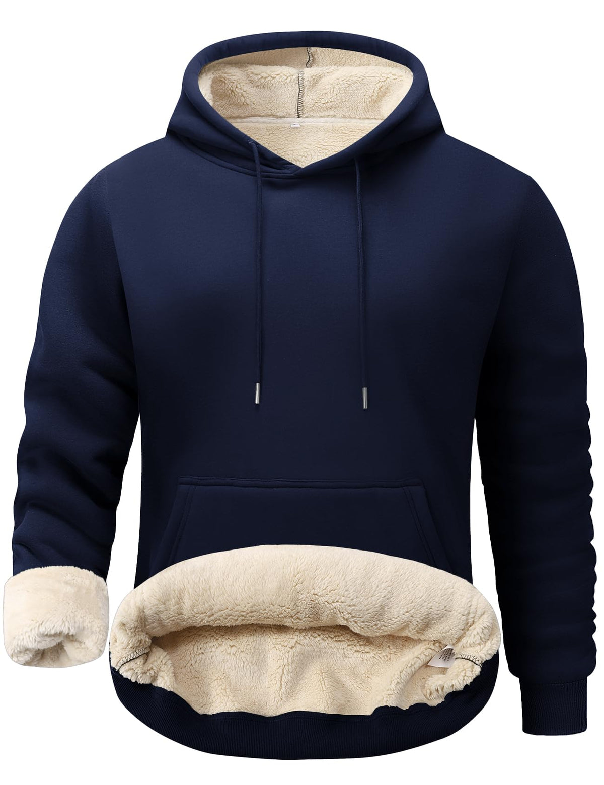 Men’s navy fleece sherpa-lined pullover hoodie with hood drawcords