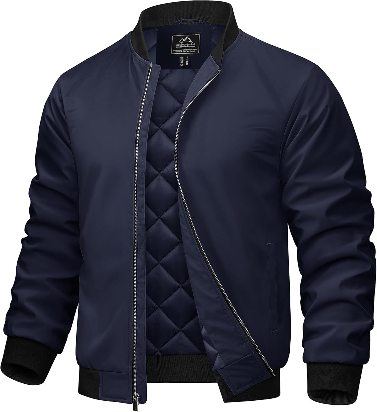 Men's navy bomber jacket with diagonal quilting, full-zip front and ribbed cuffs
