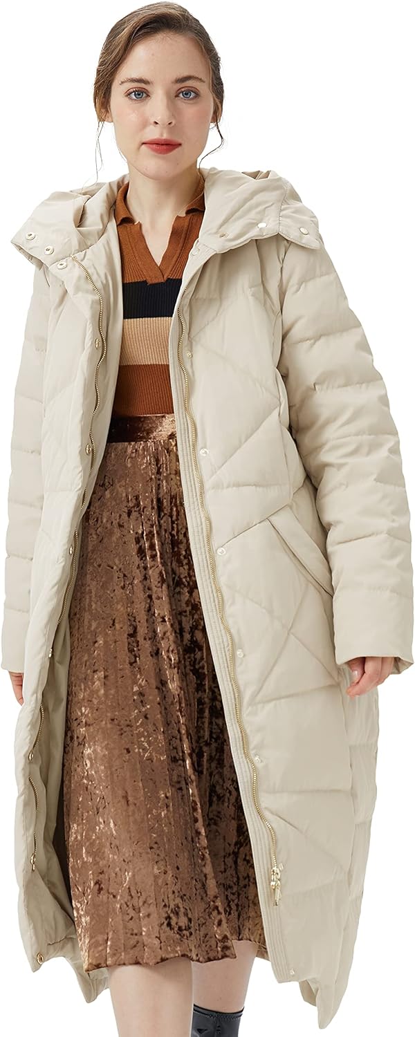 Women’s long beige puffer down coat with hood, button front, quilted panels