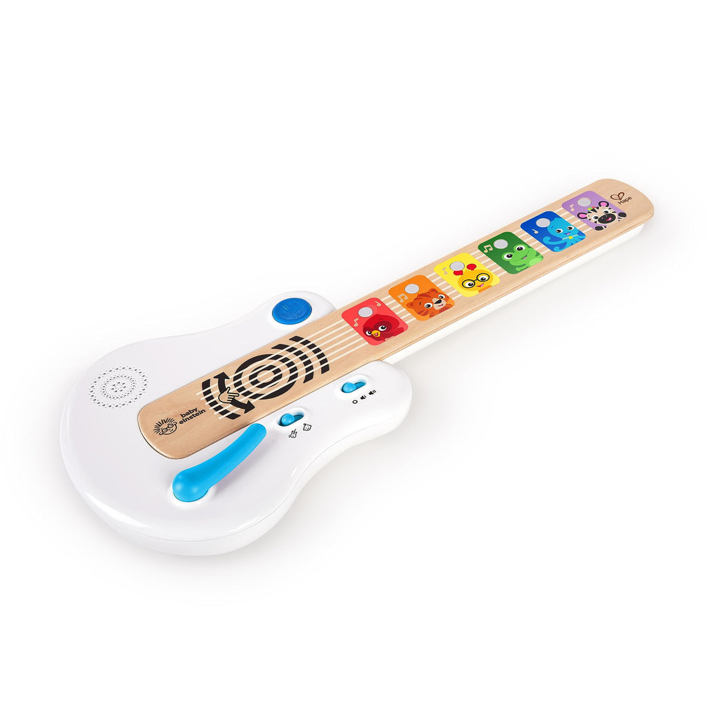 Light-up wooden guitar with colorful animal fretboard and blue light controls