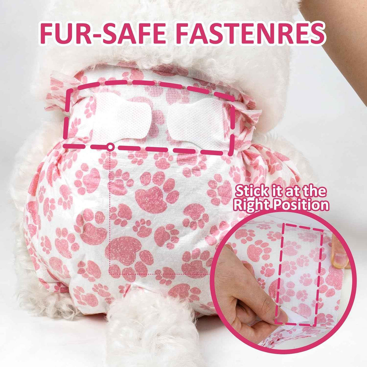 Close-up of a dog diaper's fur-safe adhesive fasteners being positioned.
