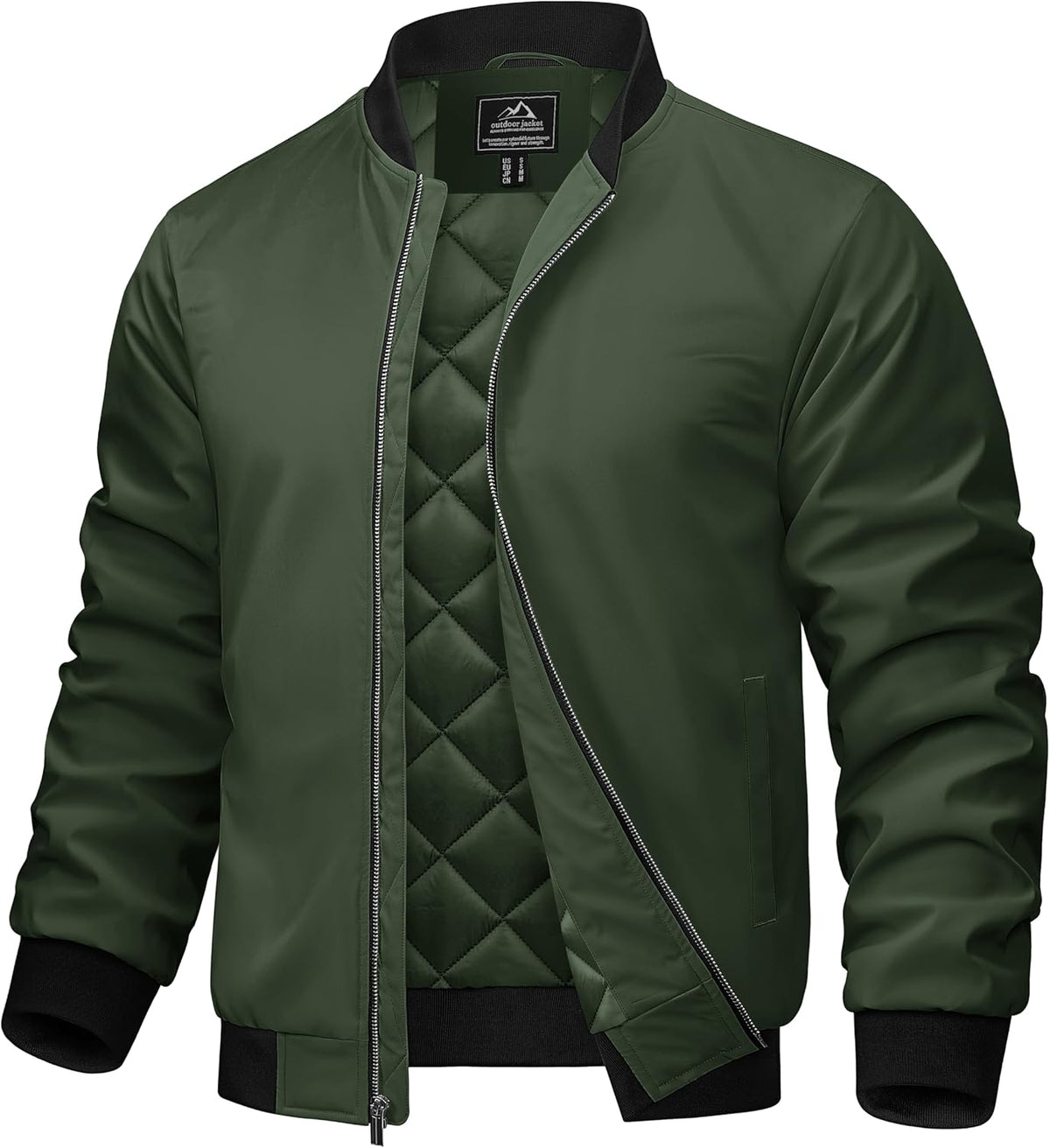 Men's olive green bomber jacket with quilted lining, full-zip front and ribbed cuffs