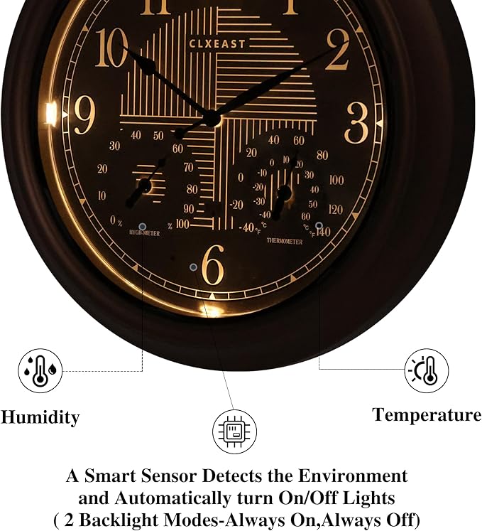 Bronze illuminated analog wall clock with temperature and humidity display on dial