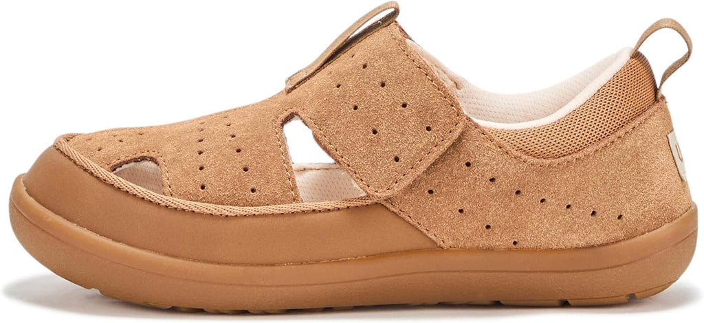 UGG baby sandal, chestnut suede side view, perforated footbed and hook-and-loop strap
