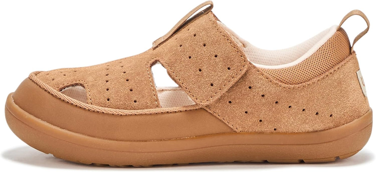 UGG baby sandal, chestnut suede side view, perforated footbed and hook-and-loop strap