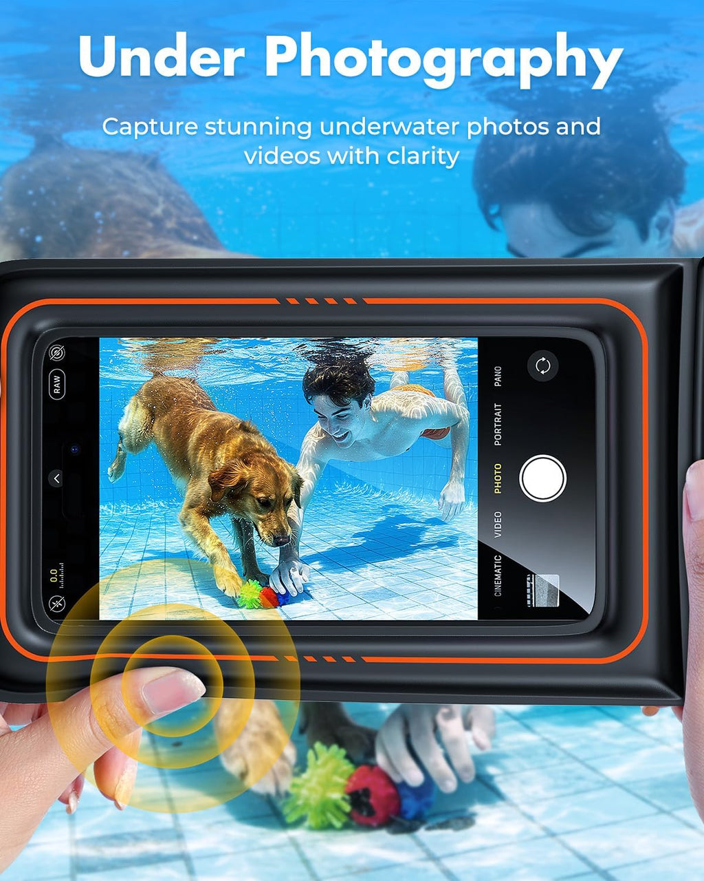 Hands holding black waterproof phone pouch with clear window showing phone screen