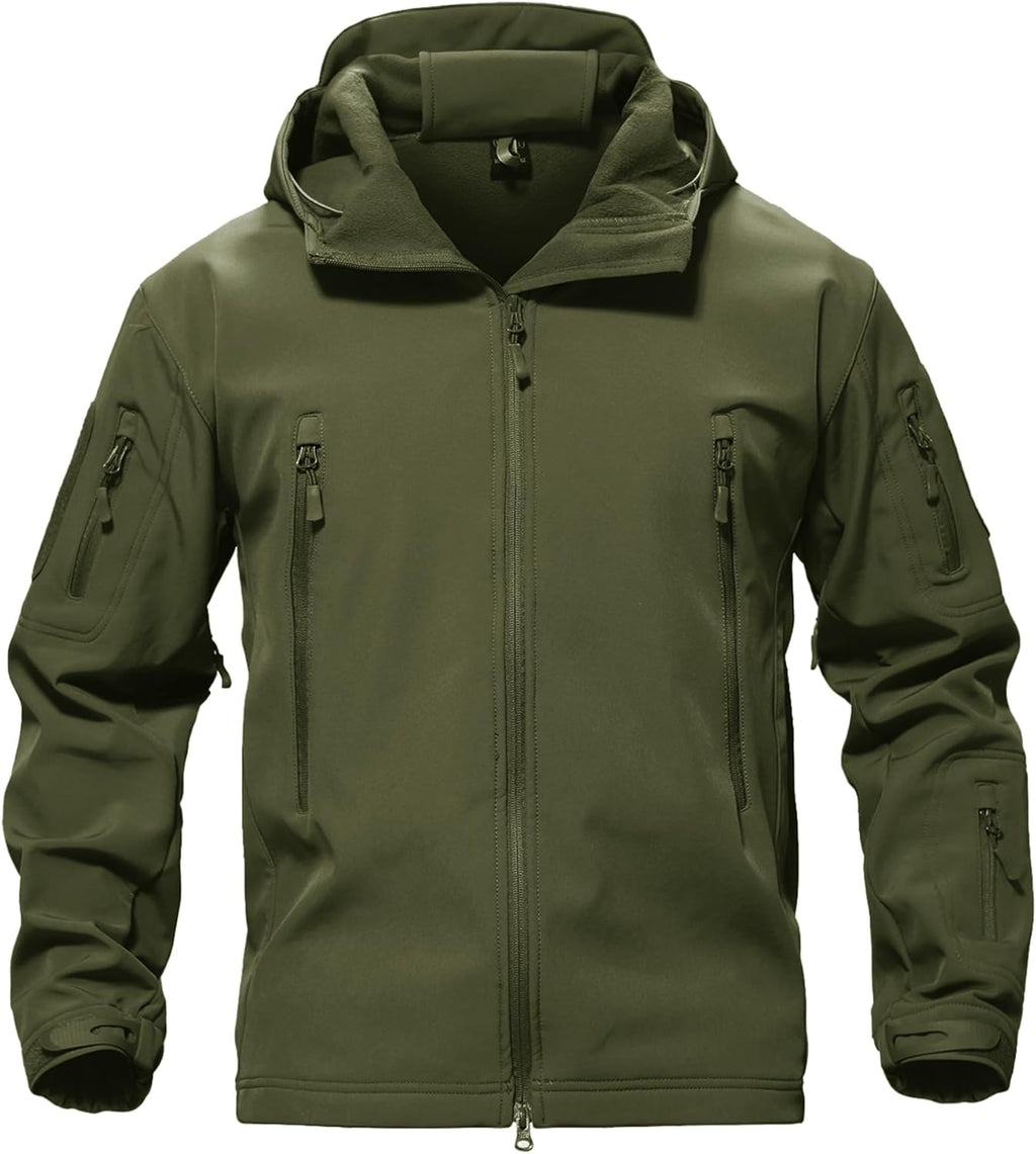 Men's olive green fleece-lined hooded soft shell jacket with side zip pockets