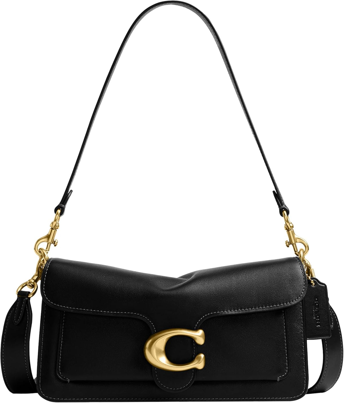 Black quilted leather shoulder bag with gold chain strap and C-shaped front clasp.