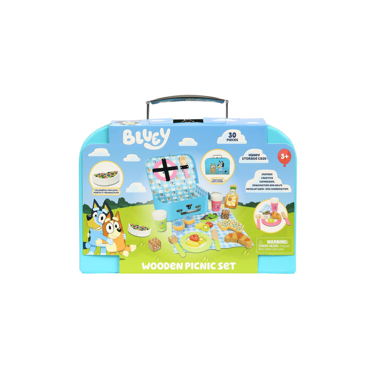 Bluey wooden picnic set gift box, front view with 30 pieces shown