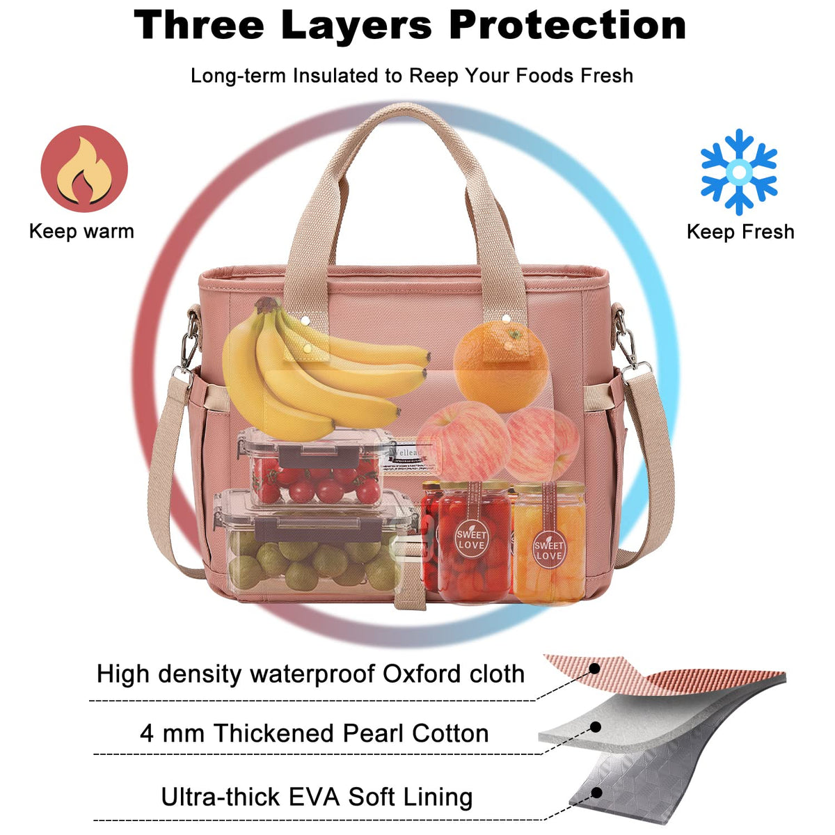 Pink insulated lunch bag with three-layer protection and thick quilted soft lining