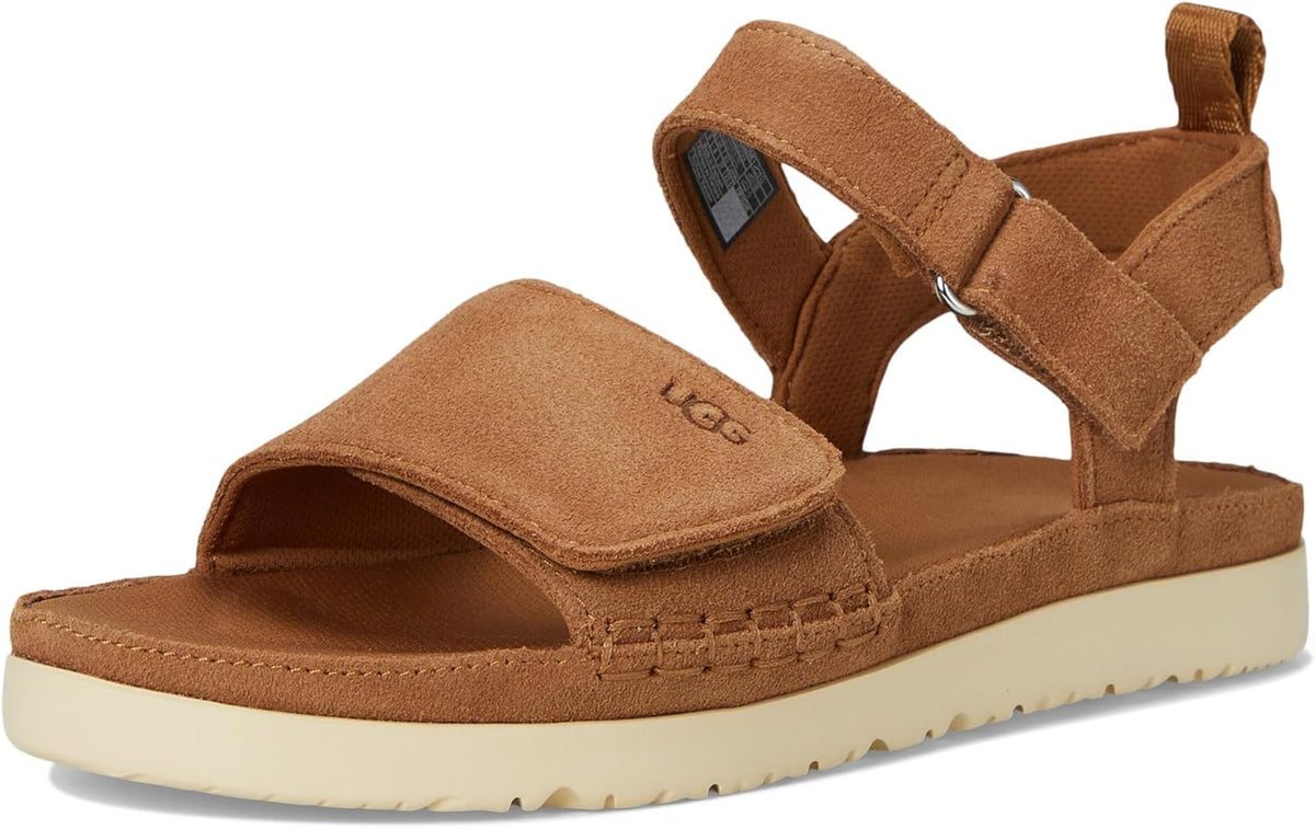 Children's Goldenstar suede sandals in chestnut brown, front angle with crisscross straps