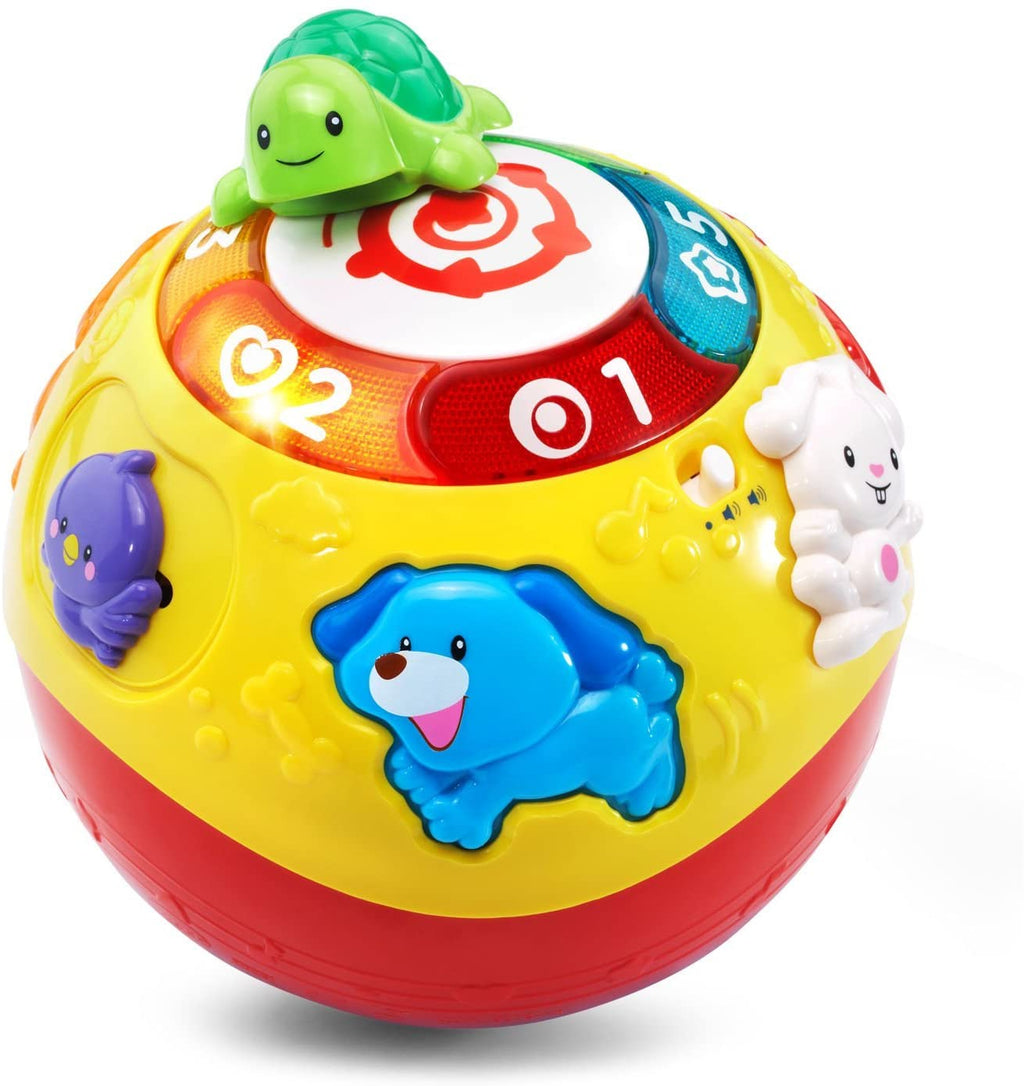 Yellow baby rolling exploration ball with green turtle, number dial, and animal shapes