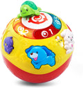 Yellow baby rolling exploration ball with green turtle, number dial, and animal shapes