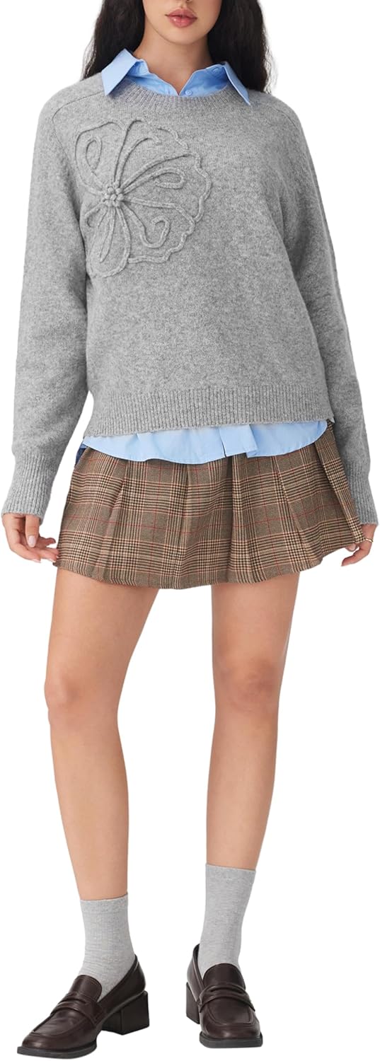Gray crew-neck sweater with raised floral motif; long sleeves, loose fit